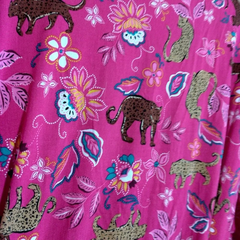 Torrid Size 5 Plus Size Pink Leopard Dress Midi Rouched Short Sleeve Belted Cat - Picture 12 of 16